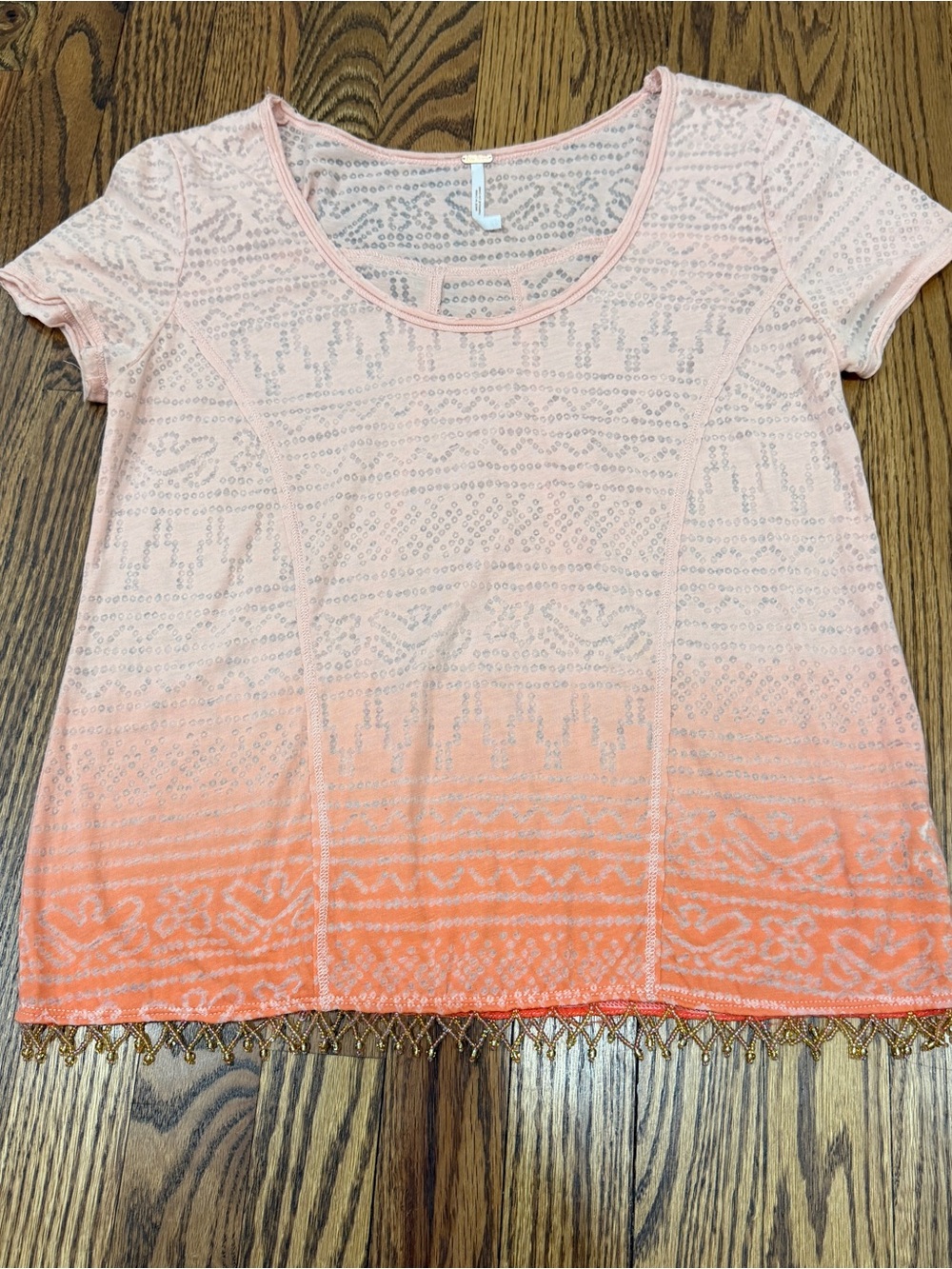 Free People Peach Orange Beaded Hem Geometric Knit Scoop Neck Short Sleeve XS